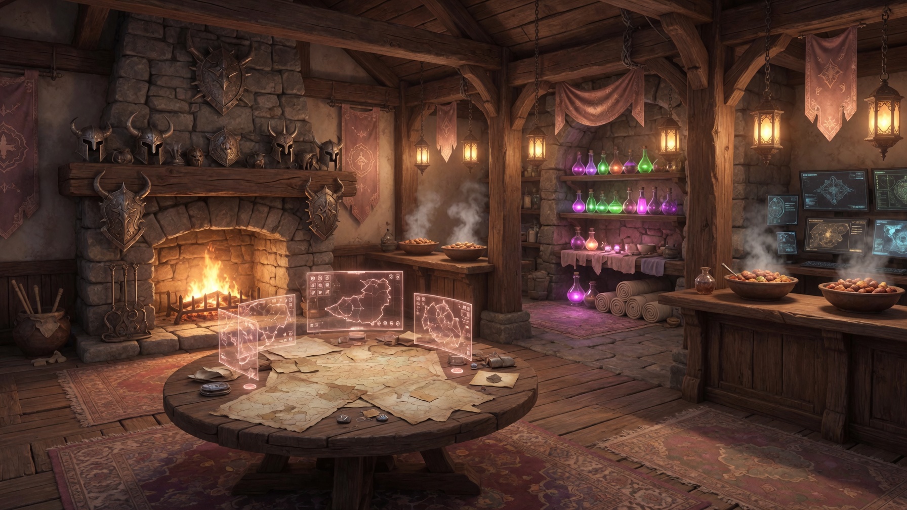 Inside: maps on the table, mugs get toast.